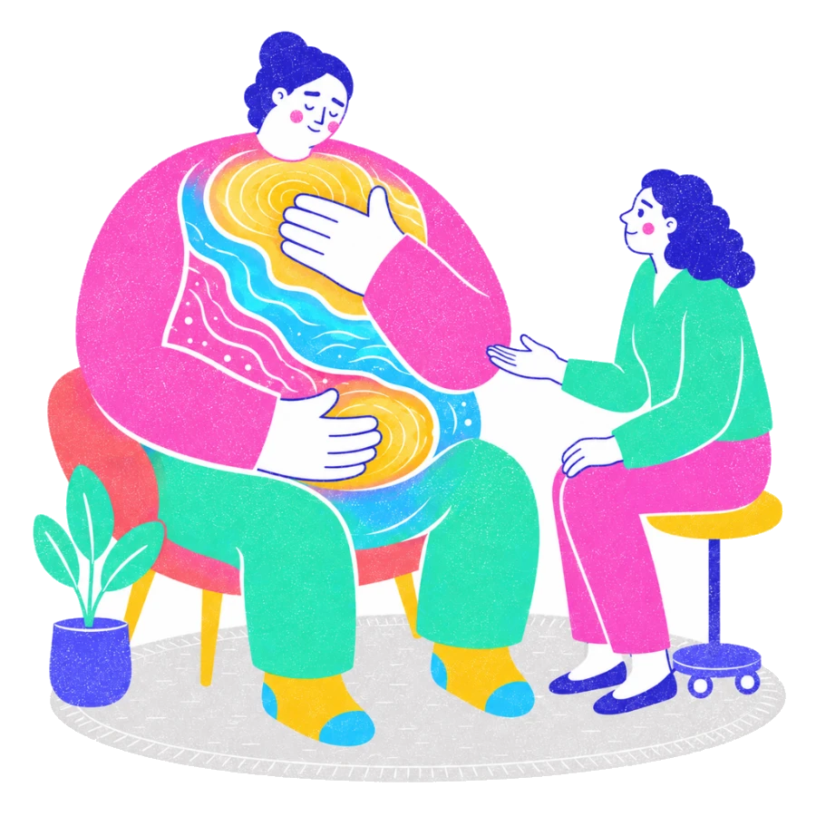 Fenweh — a client tracing warm currents through their own body while a therapist guides, illustrating somatic body awareness