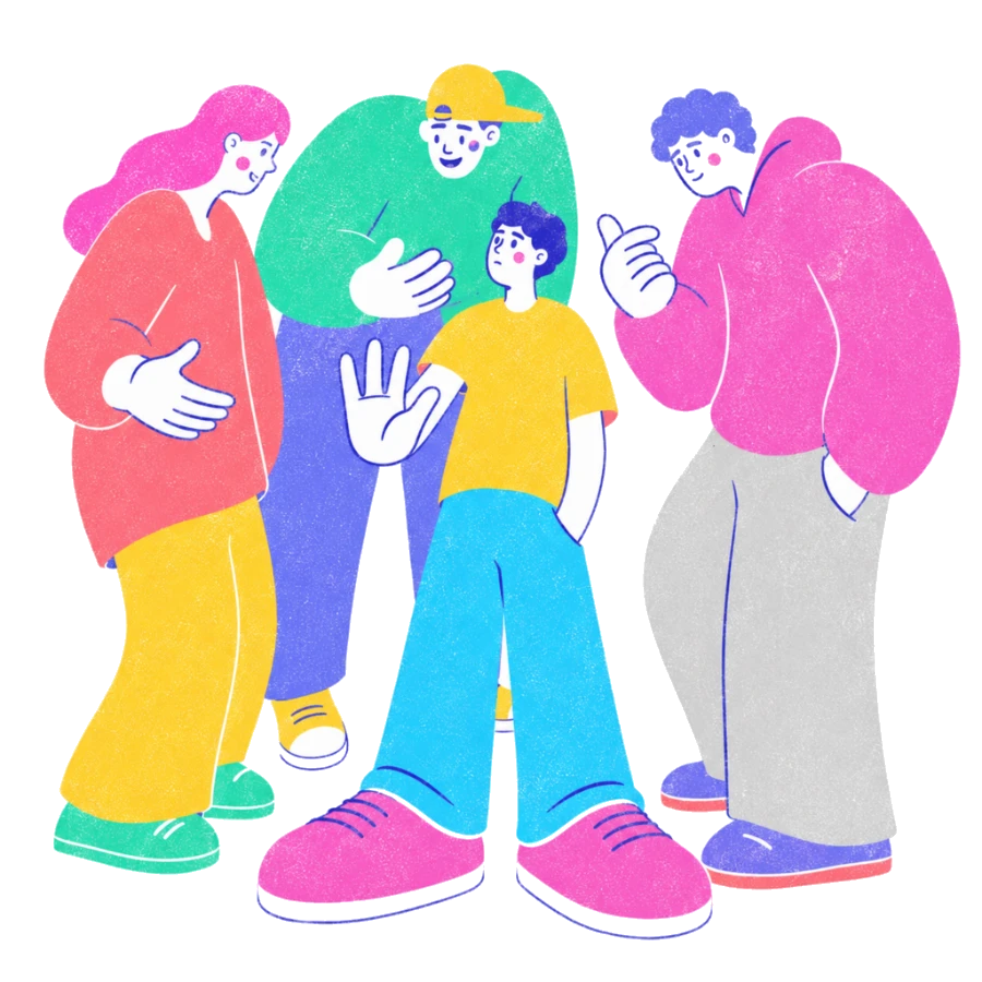 Fenweh — a teenager holding up a hand in the middle of a group of peers, illustrating peer pressure
