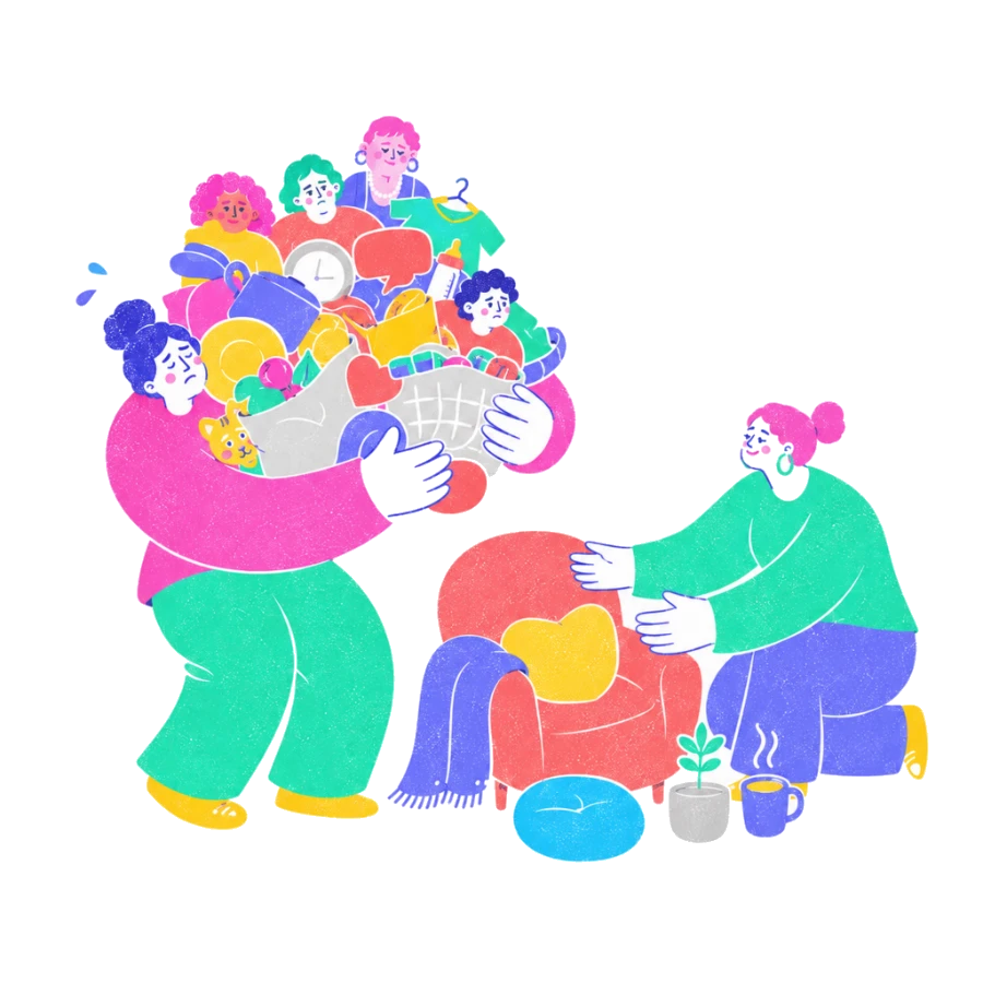 Fenweh — a person carrying a basket overflowing with everyone else's needs while a therapist offers them a chair, illustrating the eldest-daughter or responsible-one role
