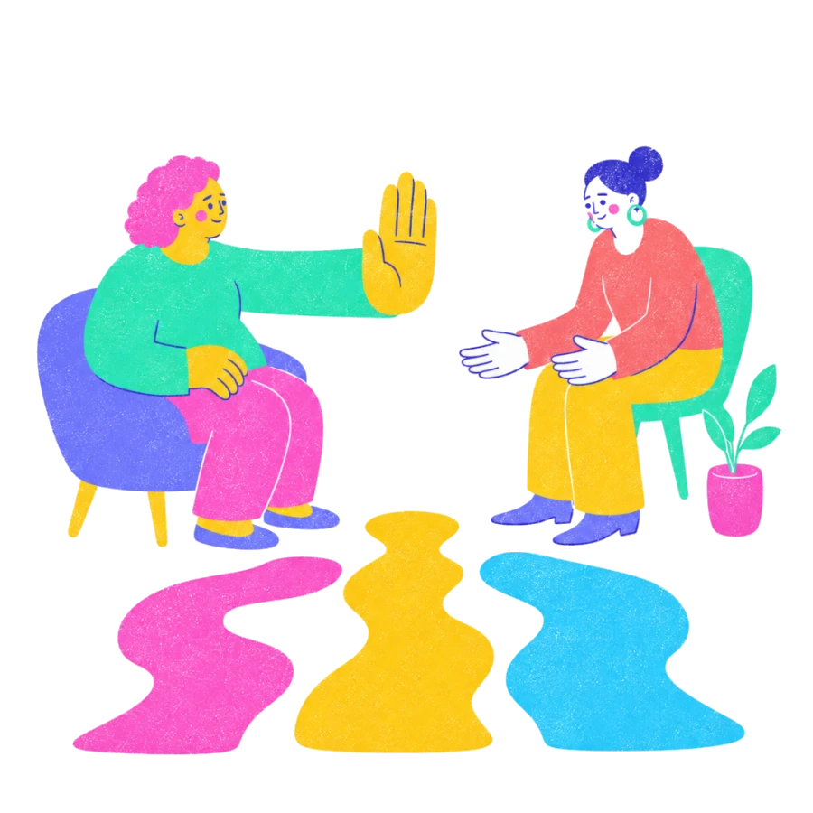 Fenweh — a client raising a hand to pause while a therapist waits and three paths lie open, illustrating choice and consent in trauma-informed therapy