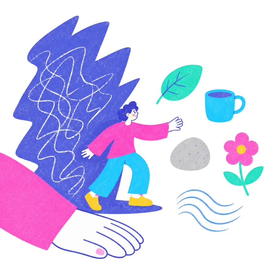 Fenweh — a person stepping out of a dark tangle toward simple present-moment objects, illustrating grounding