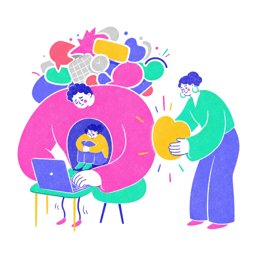 Fenweh — a person at a laptop with a smaller self curled up inside them while a therapist offers a golden heart, illustrating burnout and the worth wound