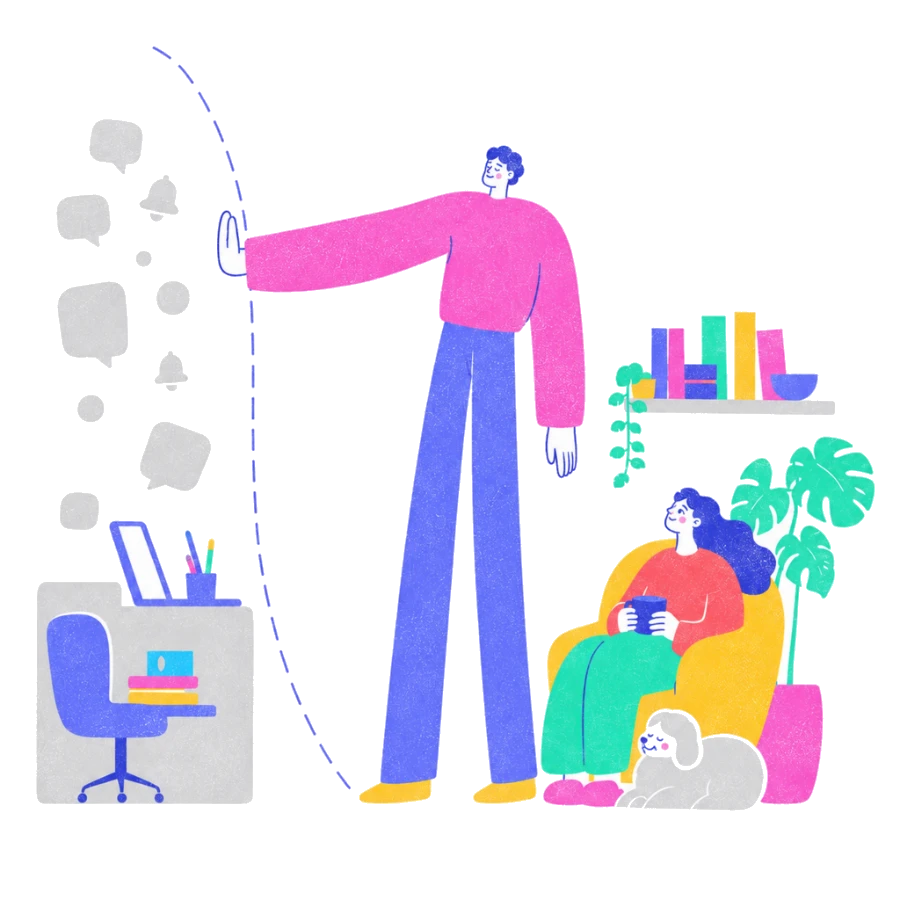 Fenweh — a person drawing a line between a desk and a quiet living room, illustrating work-life boundaries