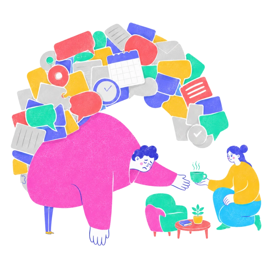 Fenweh — a person bowed under an avalanche of messages and deadlines while a colleague offers tea, illustrating workplace burnout